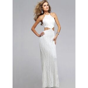 Faviana S7788 White Sequin Cut Out Prom Gown